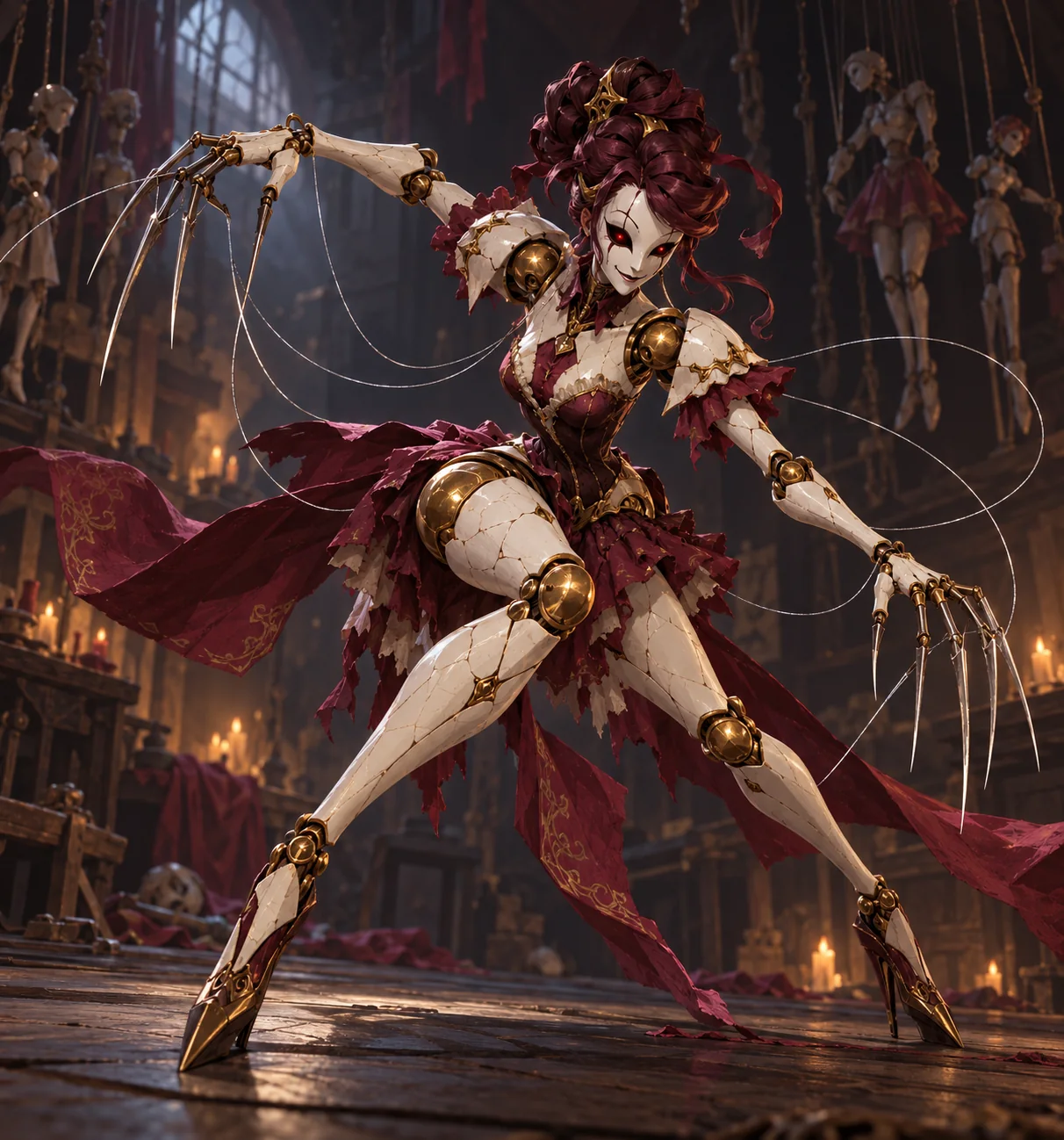 Skvaira in a battle stance: a porcelain doll with blade claws and strings in a puppet workshop