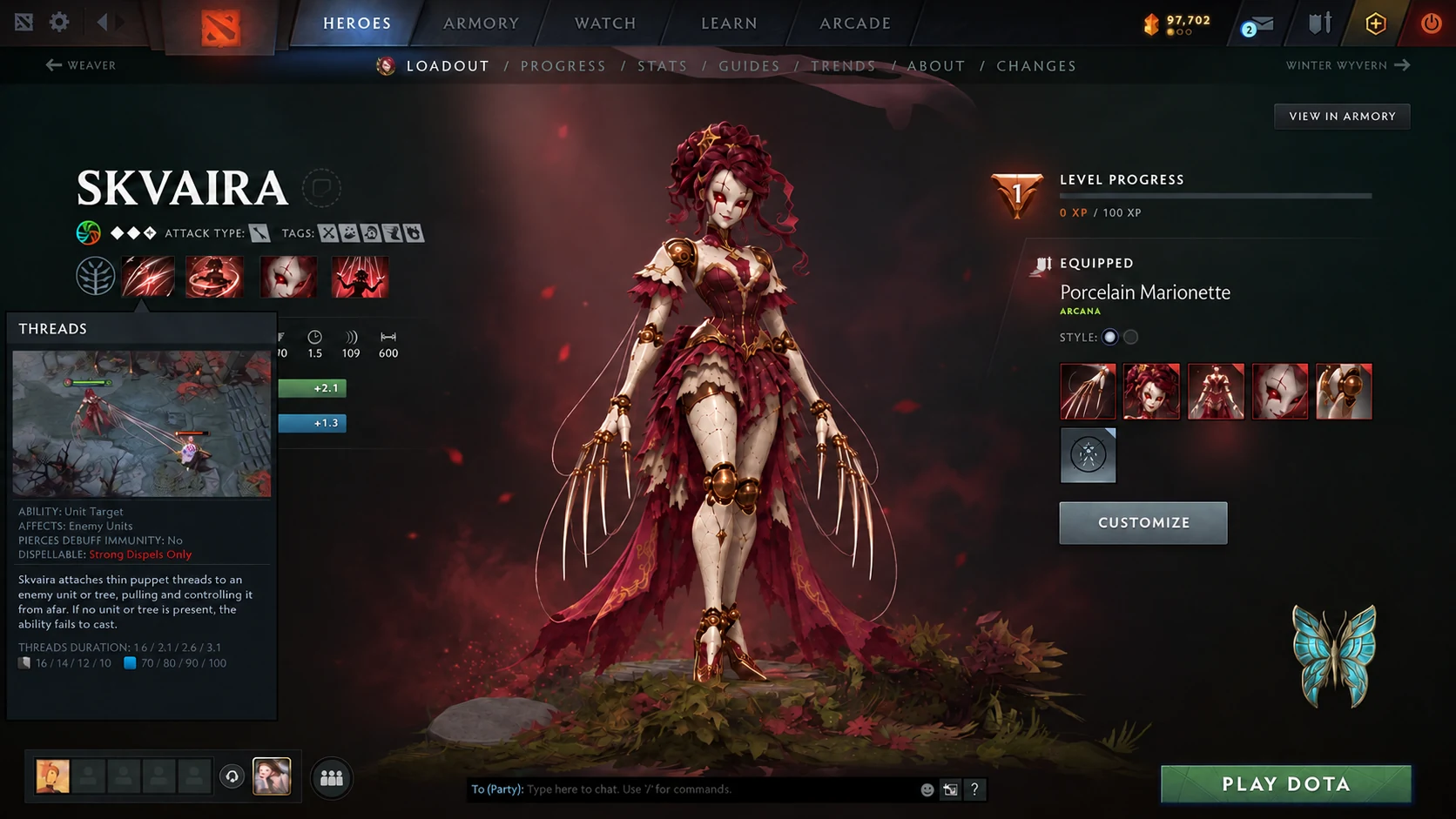 Skvaira loadout screen in the Dota 2 client with the Threads ability tooltip